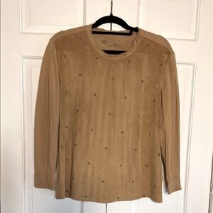 NWOT DG2 by Diane Gilman Camel Stud Embellished Top Mixed Media